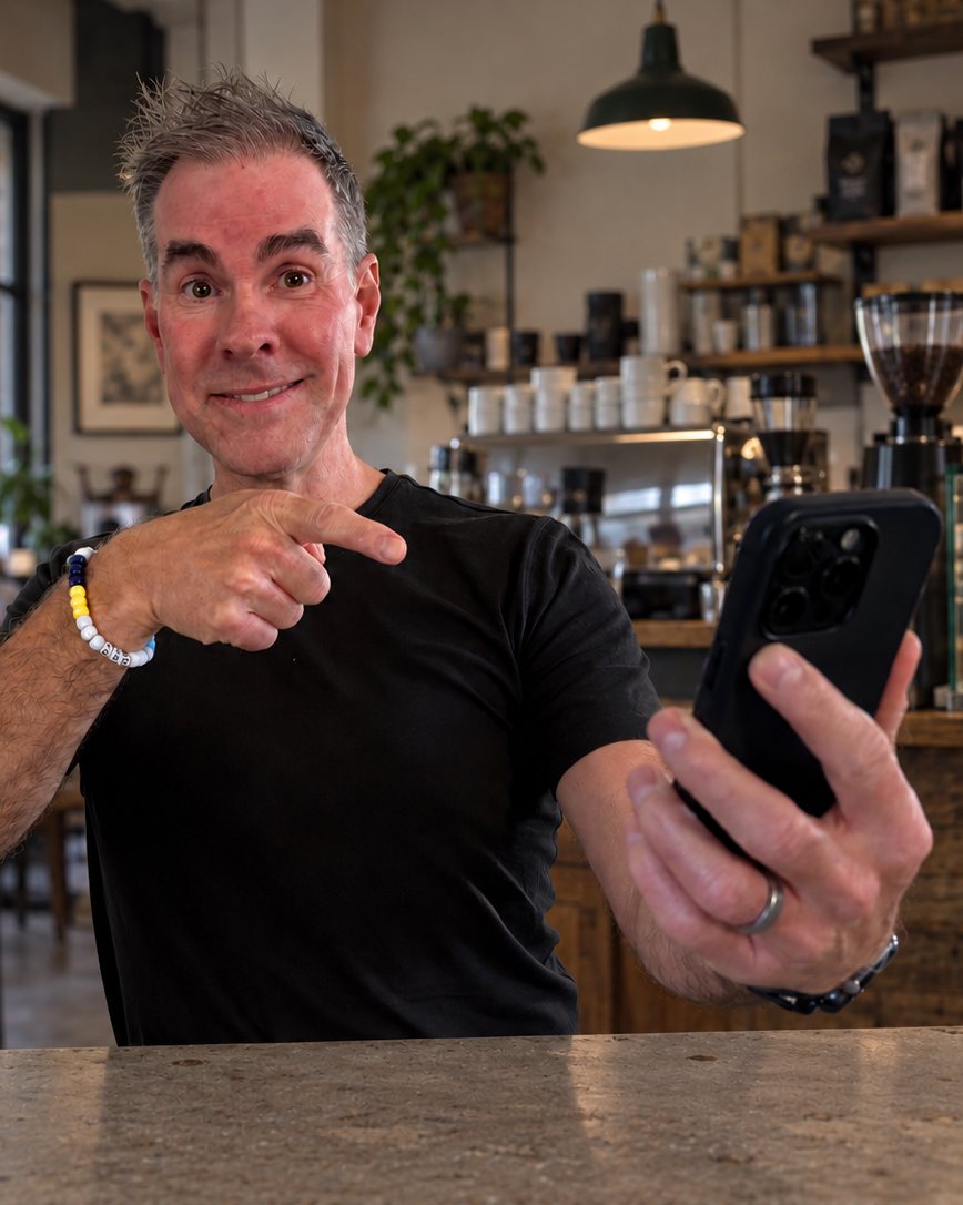 Rick Mulready in a coffee shop, pointing at his phone