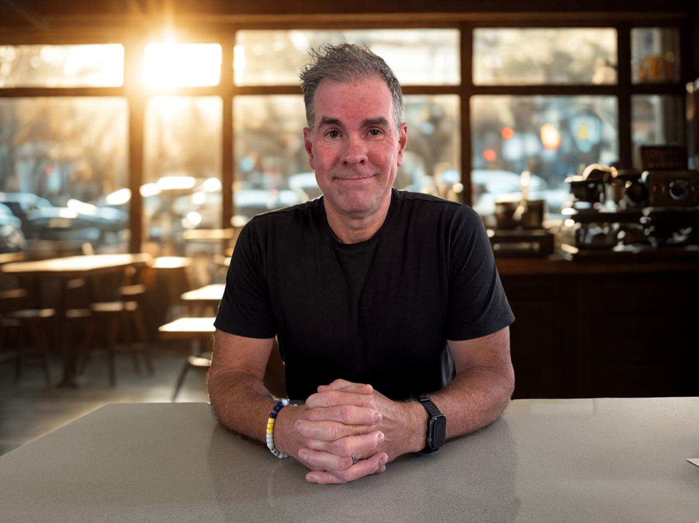 Rick Mulready sitting at a cafe table, hands clasped, smiling